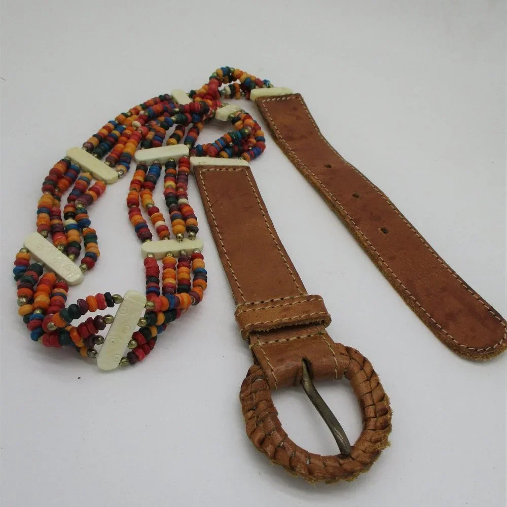 𝅺vintage Genuine Leather & Bone Beads Belt